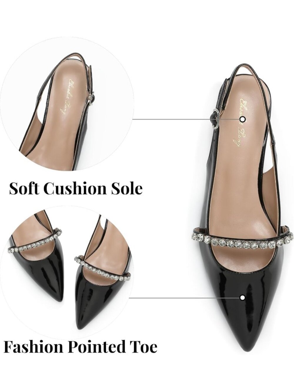 Women's Slingback Flats with Rhinestone Pointed Toe Flats Black Pu Dressy Shoes - Picture 3 of 6